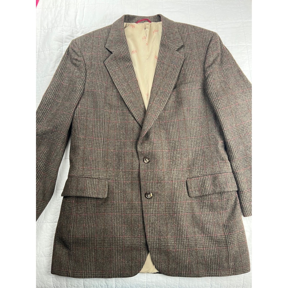 Vtg Jos A Bank 100% Wool Plaid Sport Coat Blazer 100% Camel Hair Lining 2 Button